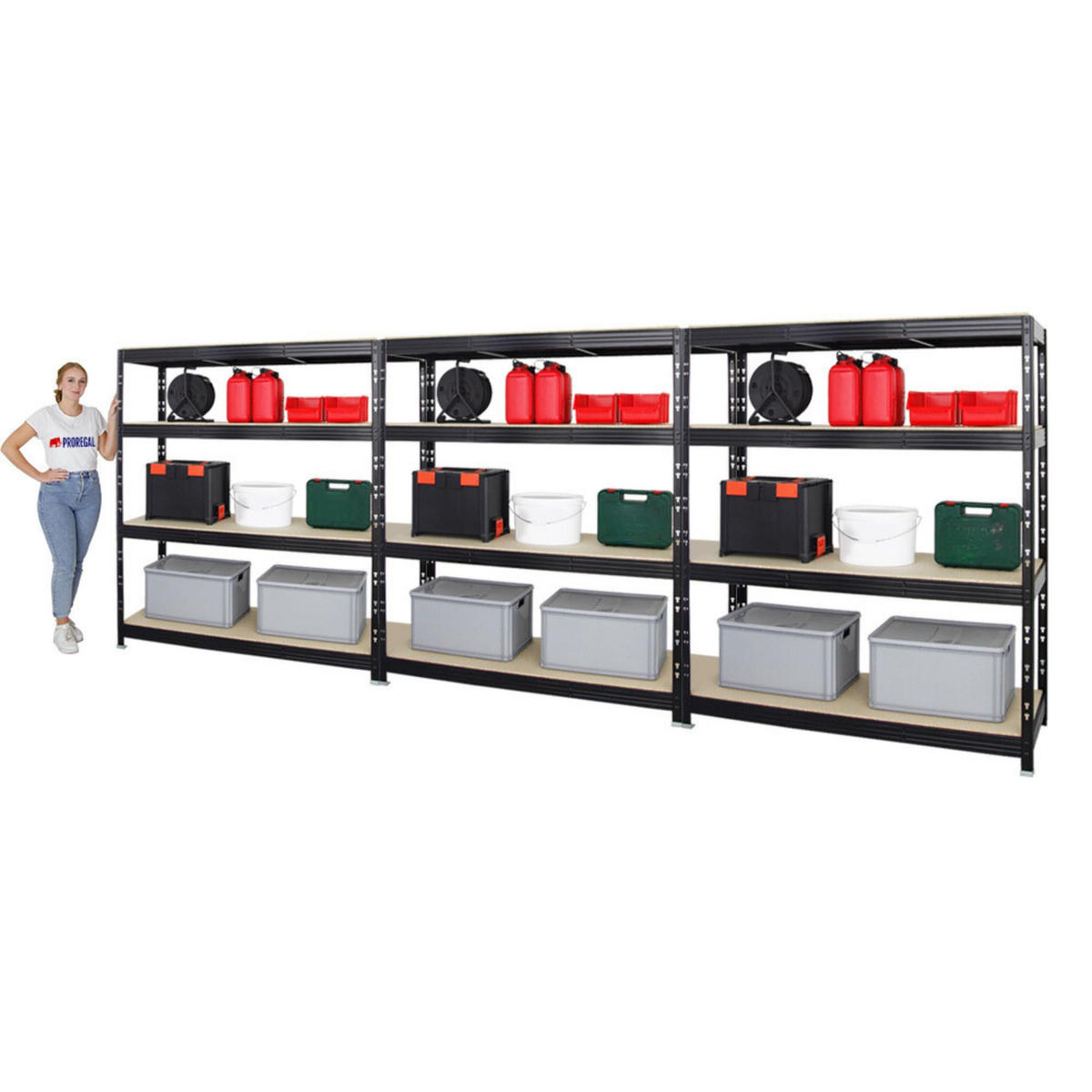 SCHWERLASTREGAL Rhino 3er-Set mit 3x 180x160x60 cm 4 Spanplatten-Ebenen 16mm Fachlast 500 kg Schwarz - Schwarz, Metall (480/180/60cm) - PROREGAL