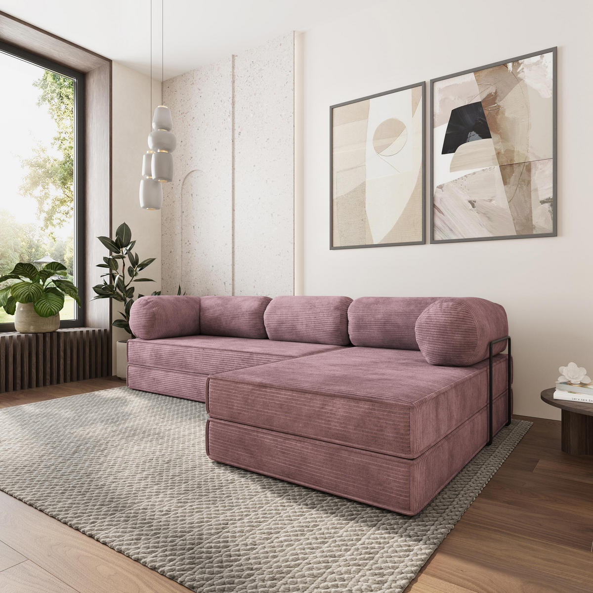 ROHOVÁ SEDAČKA ETERA modulární Boneless pohovka s funkcí spaní, šeříková POSO 130 - fialová, textil (270/160cm) - MASSENO