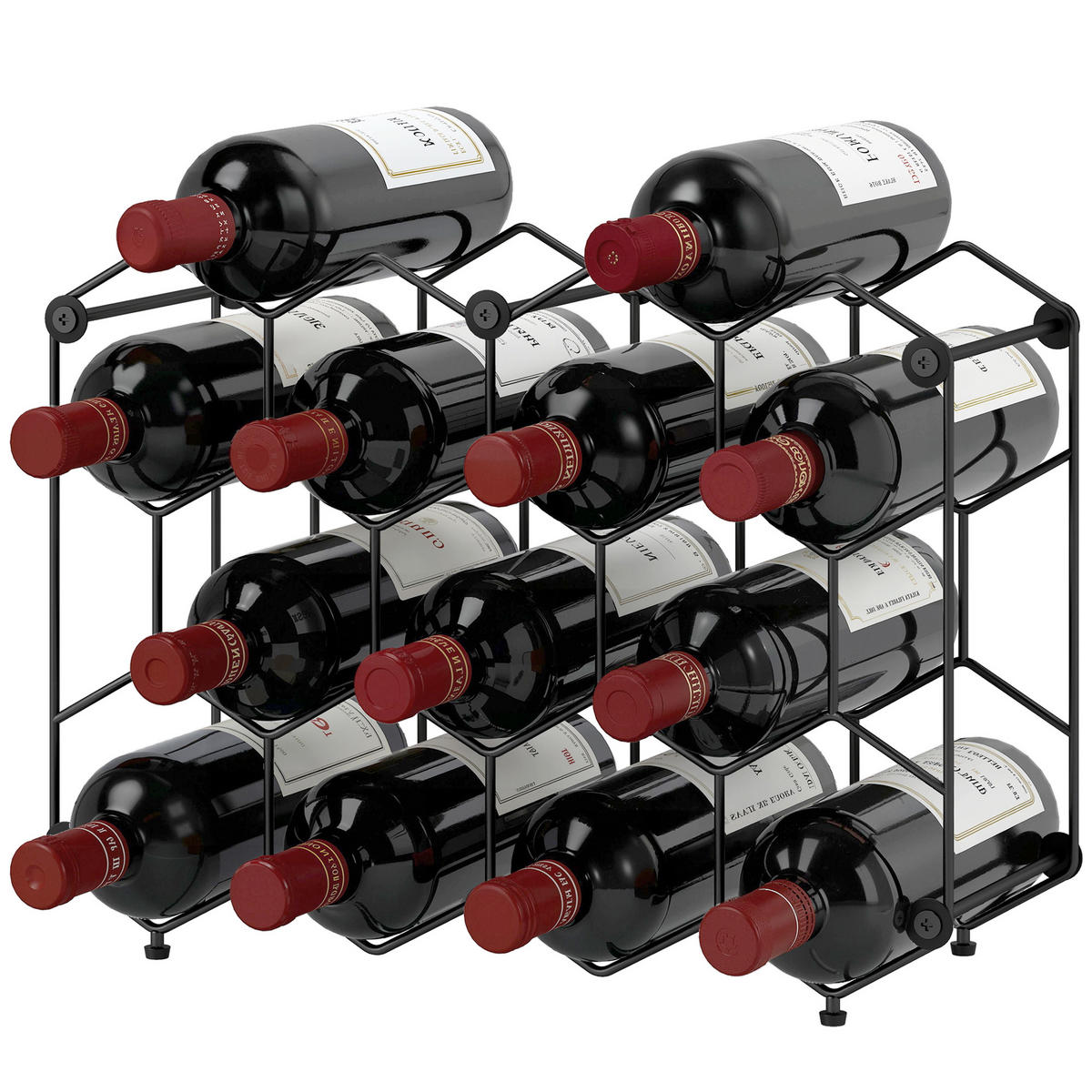 WEINREGAL, Wabendesign, Metall, Kippschutz, 13 Flaschen, schwarz, 43x15,5x31cm - Multicolor, Metall (43/31/15.5cm) - FORIOUS