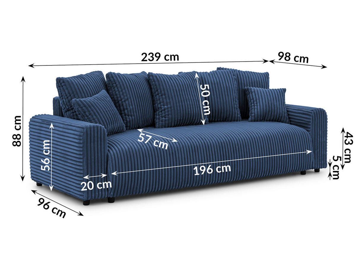 SCHLAFSOFA Calma mit Bettkasten im Bumpy-Design aus weichem Marineblau Plüschcord - Blau/Schwarz, Holz/Kunststoff (239/88/98cm) - S-Style