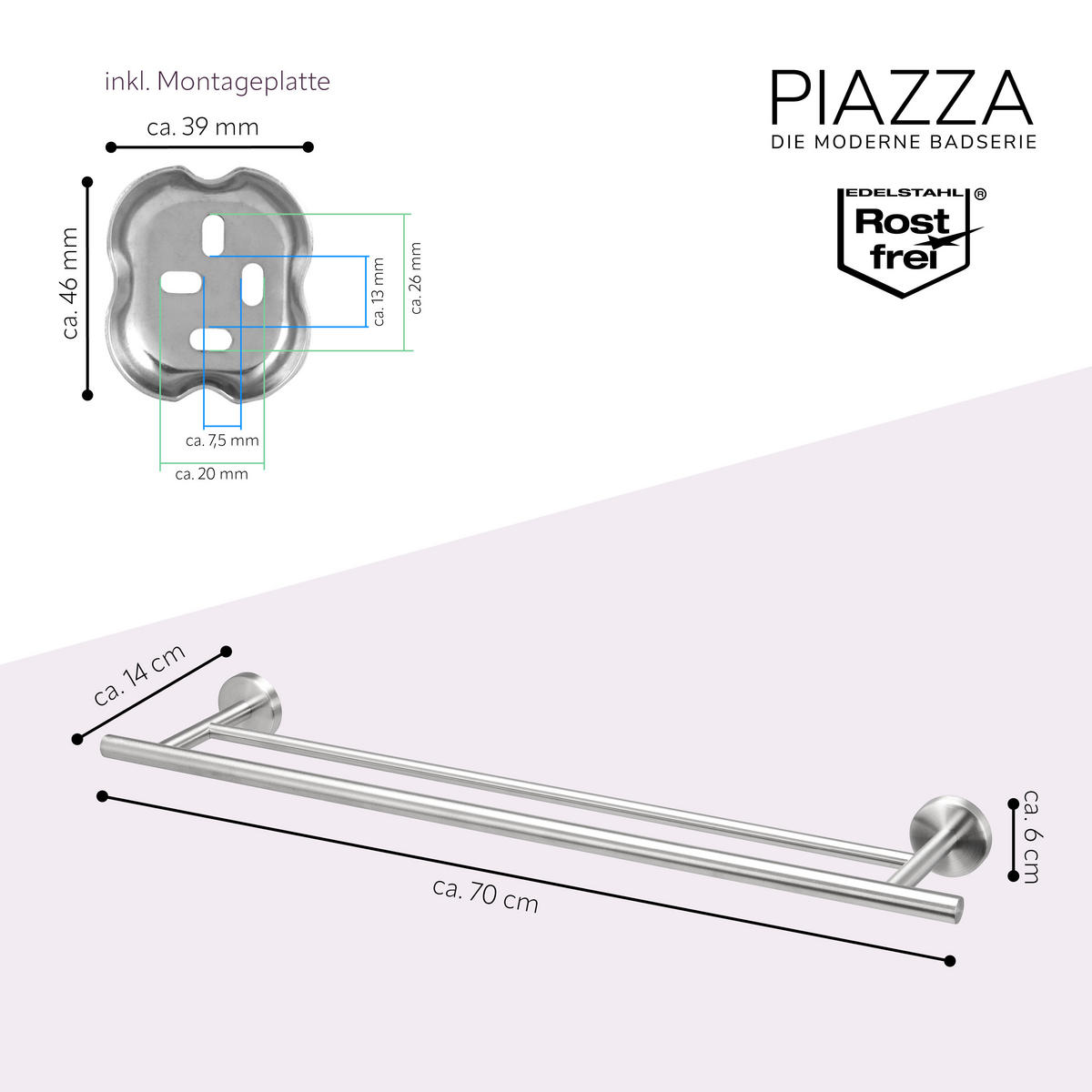 BADETUCHSTANGE PIAZZA, Edelstahl matt - Edelstahlfarben, Metall (70/6/14cm) - bremermann