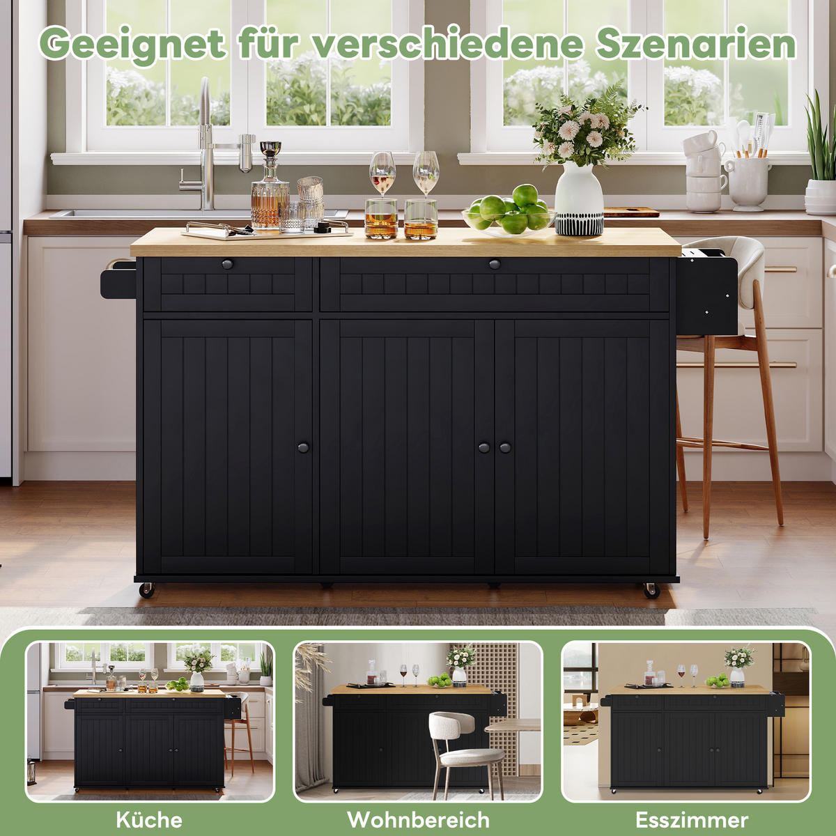 KÜCHENINSEL 137/45/89,5 cm Natur/Schwarz aus MDF mit klappbarer Arbeitsplatte - Naturfarben, Holzwerkstoff (137/89.5/70cm) - OKWISH