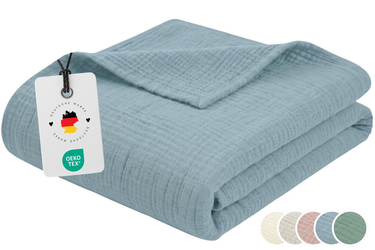 WOHNDECKE Musselin 150 x 200 cm, Leichte Kuscheldecke aus 100% Baumwolle - Nutzbar als Tagesdecke, Plaid oder Decke für Sofa, Couch & Bett - Blau - Blau, Textil (150/200cm) - Carpe Sonno