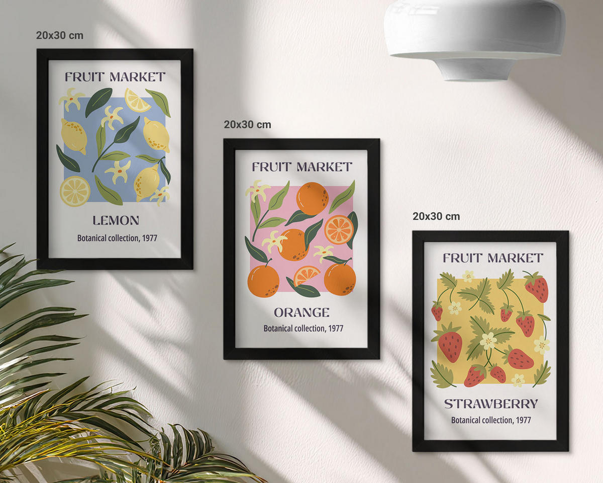 BILDER SET 3er Set - 20x30 cm Schwarzer Rahmen - Fruchtposter Zitronen Erdbeeren - Schwarz, Kunststoff (20/30cm) - TULUP