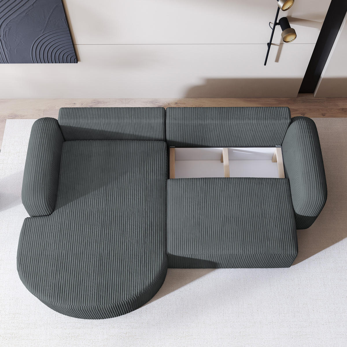 ECKSOFA AMILIA P L-S Grau Kordstoff mit Schlaffunktion - Grau, Holz (263/174cm) - MASSENO