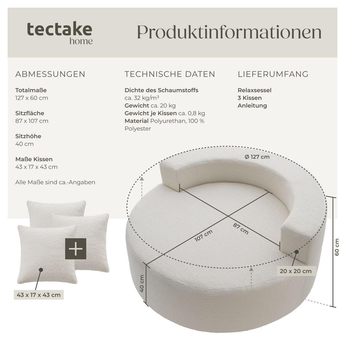 RELAXSESSEL Love, Ø 127 x 60 cm, mit 3 Kissen, Bouclé creme - Creme, Kunststoff/Textil (127/60/127cm) - tectake