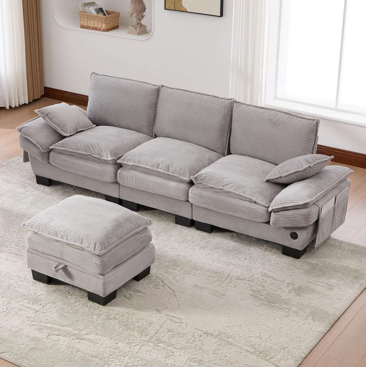 ECKSOFA 260/132/84 cm hellgrau aus Cord mit Hocker und USB-C - Hellgrau, Textil (132/260cm) - OKWISH