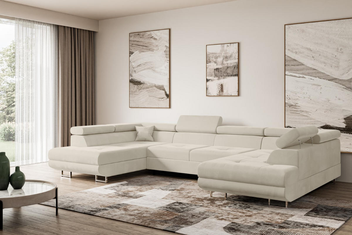 WOHNLANDSCHAFT mit Schlaffunktion und Bettkasten GUSA-U 342x202x107 cm Beige Velours - Beige/Silberfarben, Holzwerkstoff/Textil (342/107/202cm) - ALTDECOR