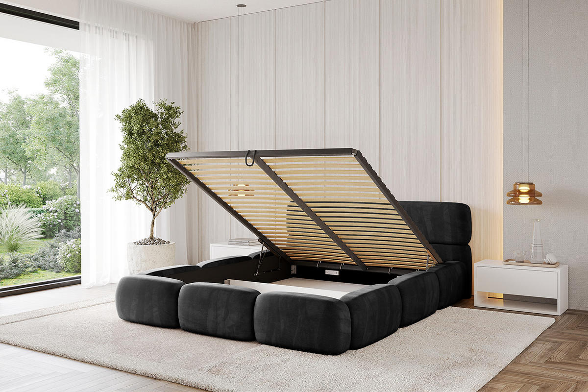 POLSTERBETT mit Bettkasten und Lattenrost, Boxbett ohne Matratze - ELVA-v1 200x200 Schwarz - Schwarz, Holzwerkstoff/Textil (200/200cm) - ALTDECOR