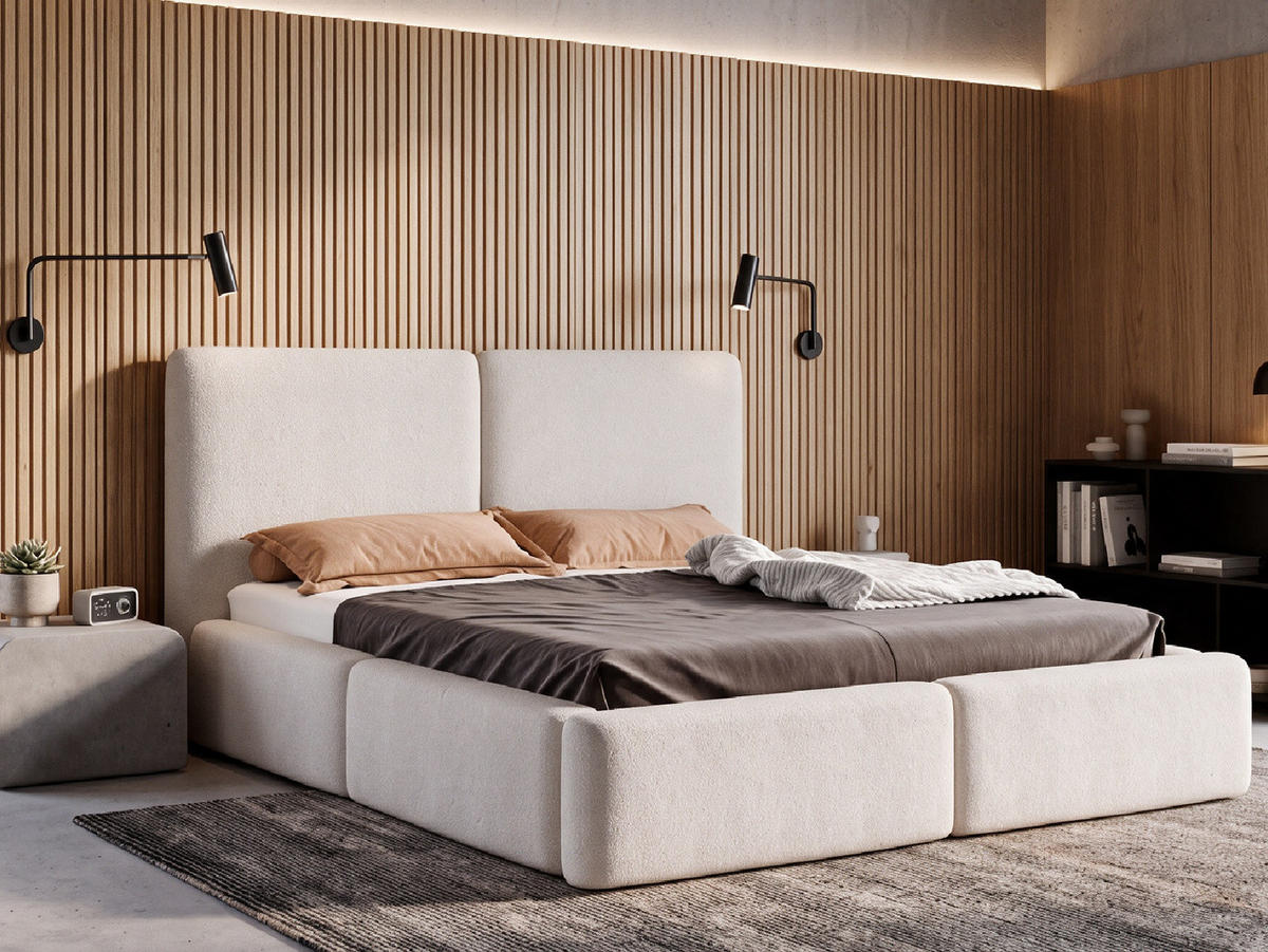 POLSTERBETT LIVIA 140x200 cm mit Bettkasten, Stauraum und Metall-Lattenrost – Bouclé Stoff Weiß - Schwarz/Weiß, Textil/Metall (140/200cm) - Luxkor24