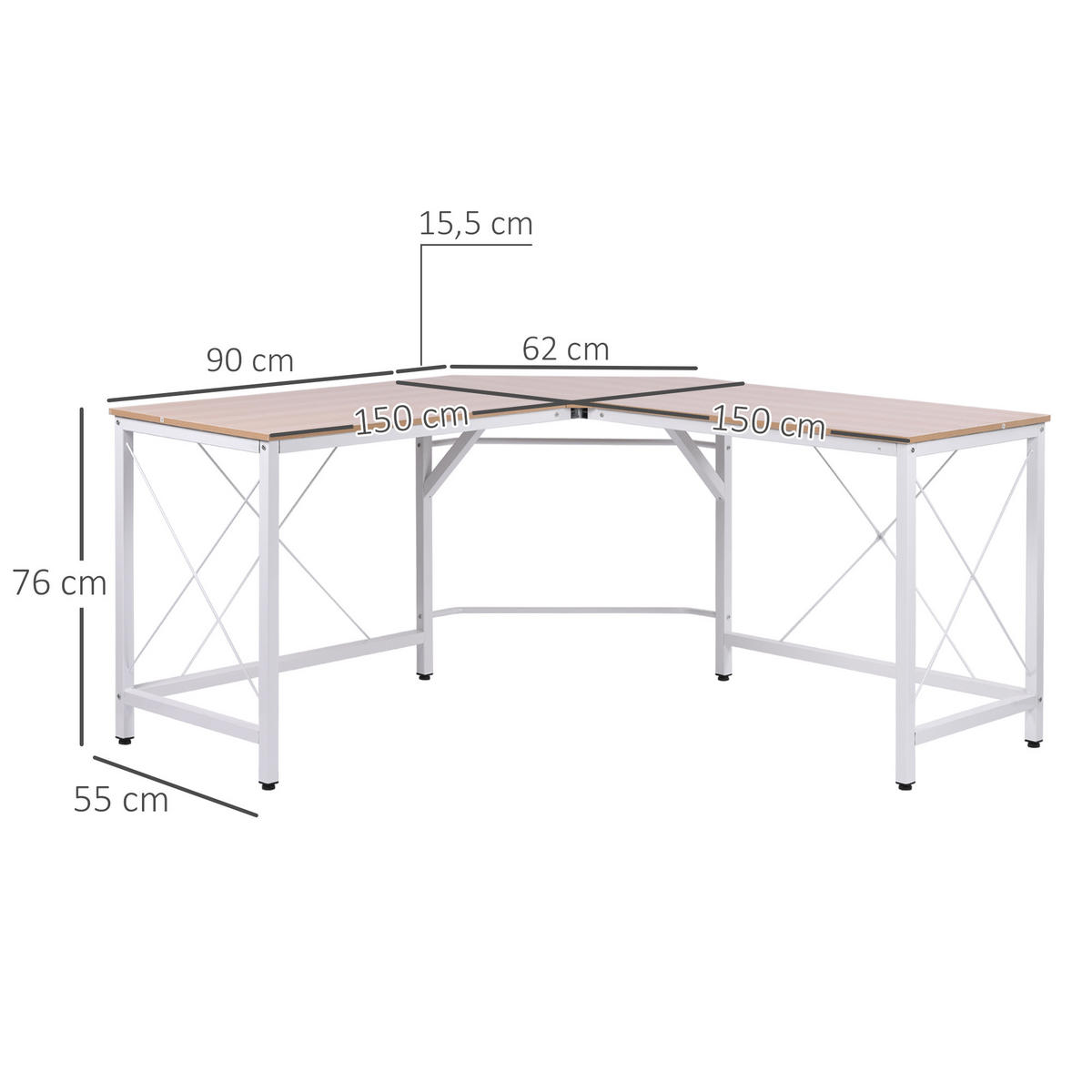 SCHREIBTISCH L-Form, MDF, Natur+Weiß - Naturfarben, Kunststoff (150/150/76cm) - HOMCOM