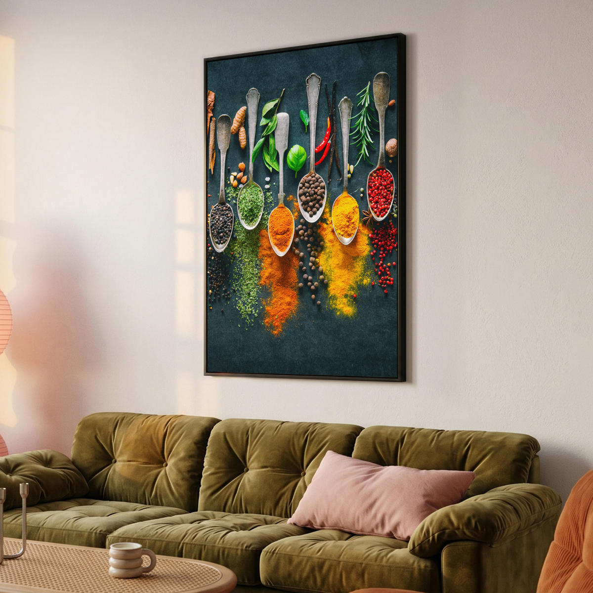 LEINWAND Bilder mit Rahmen - Kräuter - Gewürze - Löffel - 100x150 - Currygelb, Textil (100/150cm) - MuchoWow