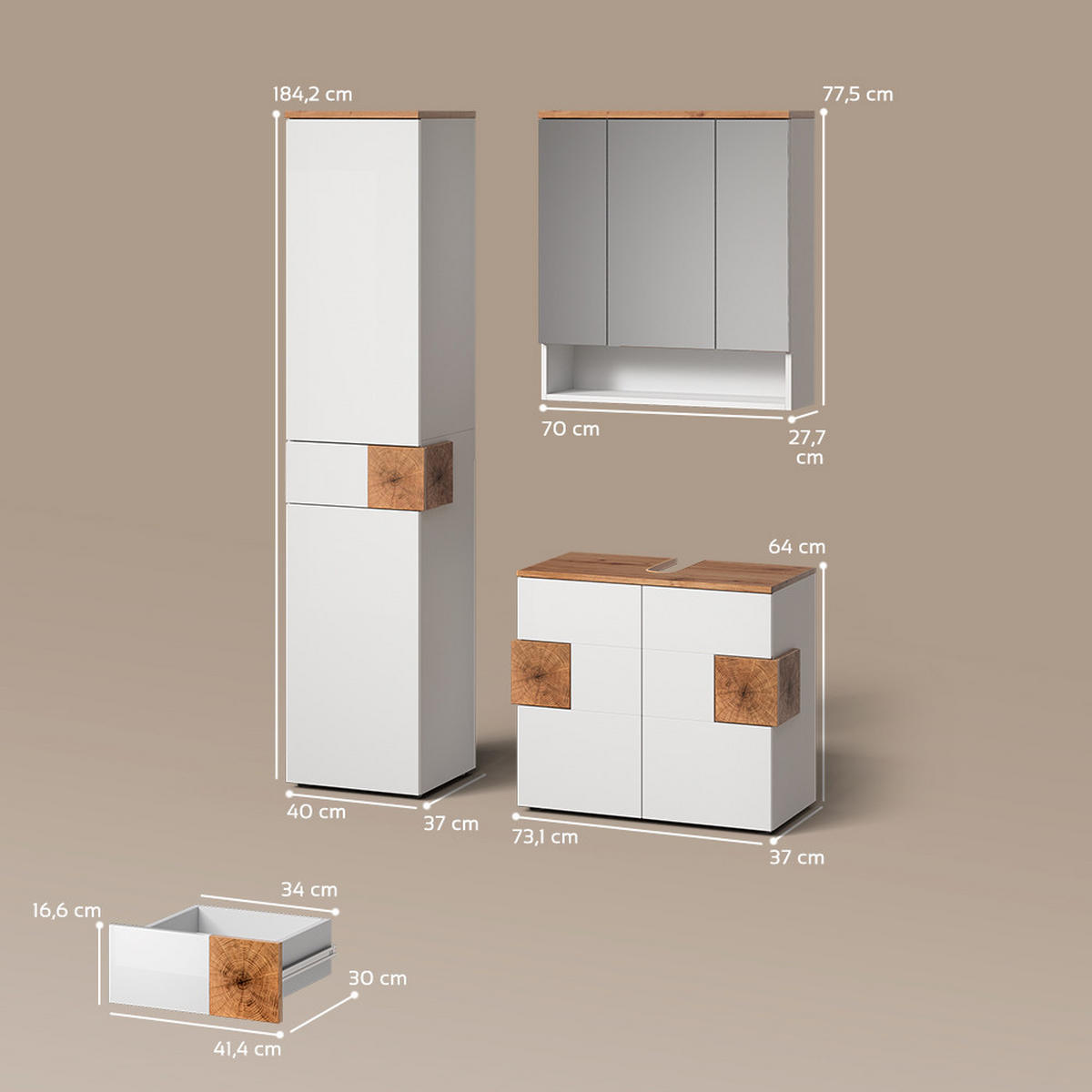 BADMÖBEL-SET Tanaro Weiß 3 Teile, mit Hochschrank - Weiß/Eiche Artisan, Holzwerkstoff (73/64/37cm) - Livinity®