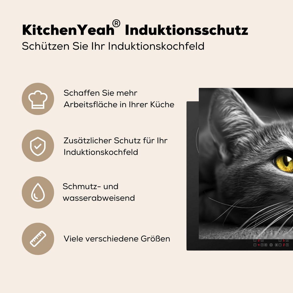 HERDABDECKPLATTE Katze - Grau - Tiere - Katze Induktionsmatte 77x59 cm - Grau, Kunststoff (77/59/0.2cm) - MuchoWow