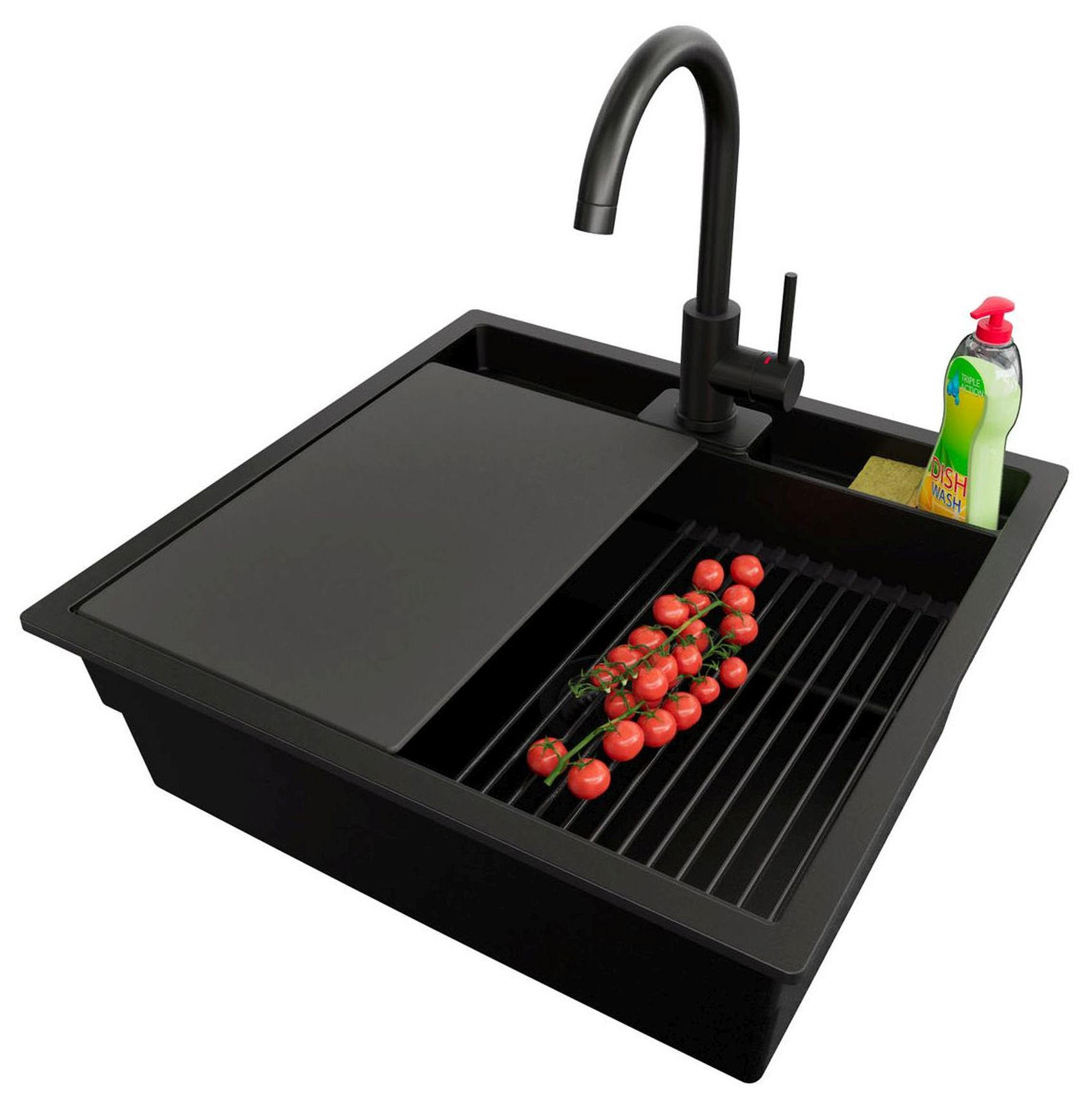 GRANITSPÜLE Bergen Pocket, 2-er set Alles Schwarz 56/54 cm 1 Becken + Küchenarmatur 32/20 cm + Ablauf-Set + Küchenzubehörset ab 60er Unterschrank - Schwarz, Kunststoff (56/20/54cm) - Primagran