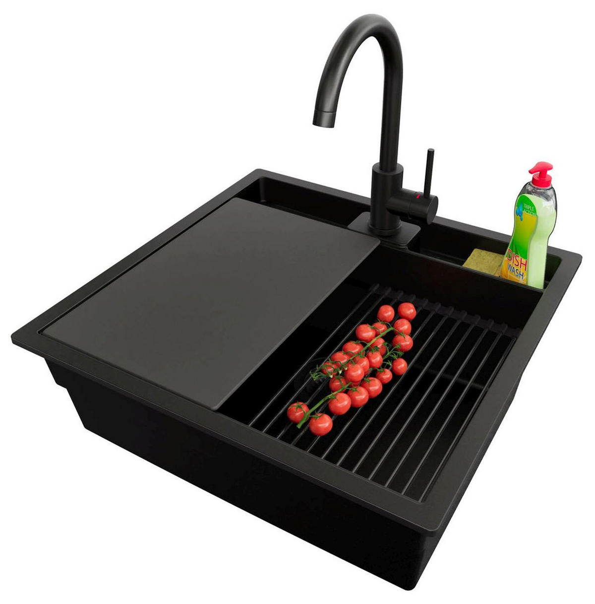 GRANITSPÜLE Bergen Pocket, 2-er set Alles Schwarz 56/54 cm 1 Becken + Küchenarmatur 32/20 cm + Ablauf-Set + Küchenzubehörset ab 60er Unterschrank - Schwarz, Kunststoff (56/20/54cm) - Primagran