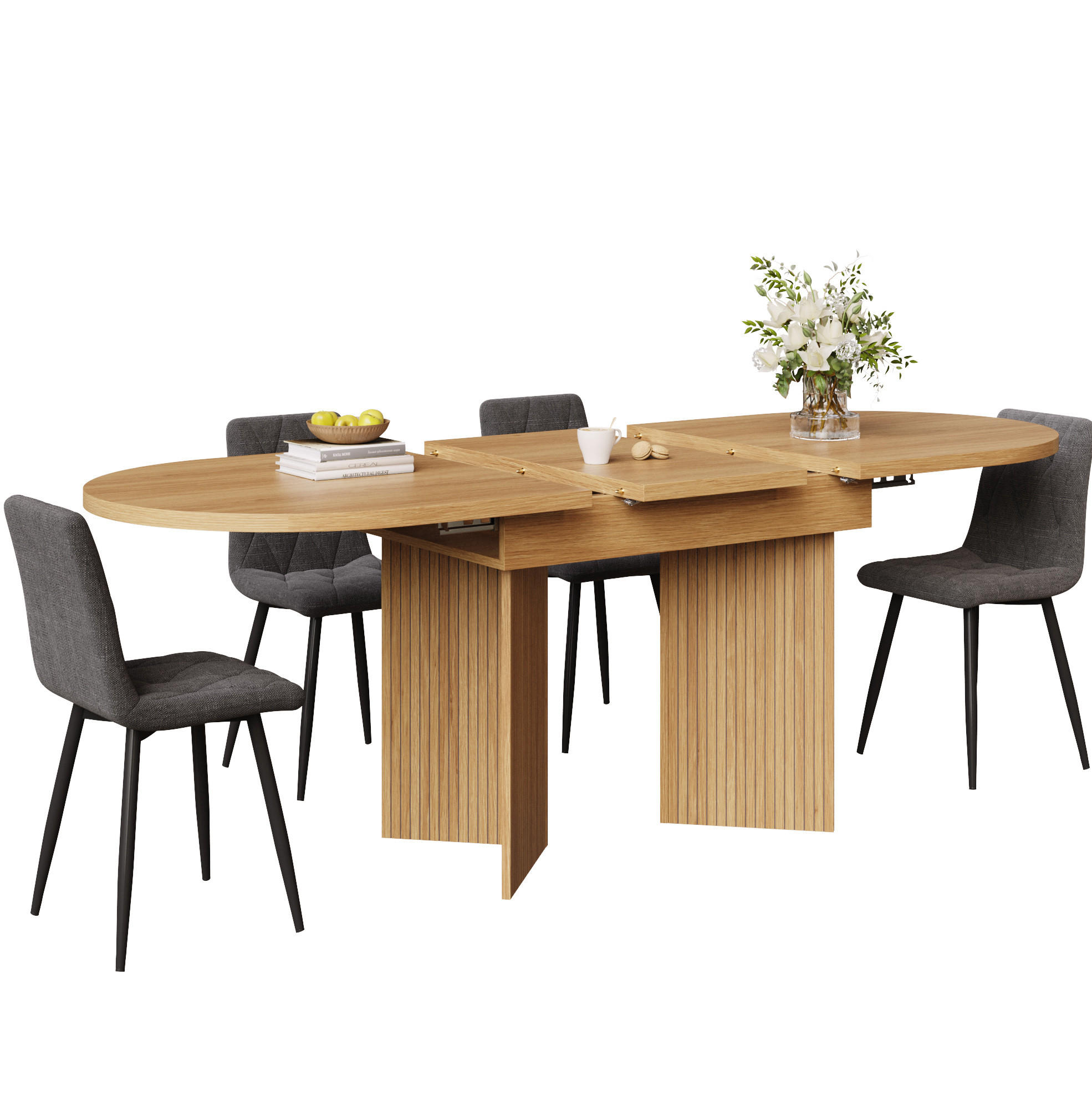 ESSTISCH aus MDF 120-160x80x75 cm Naturholzfarben mit Ausziehfunktion und gerillten Panel-Beinen - Hellbraun, Holzwerkstoff (120/80/75cm) - Modfu