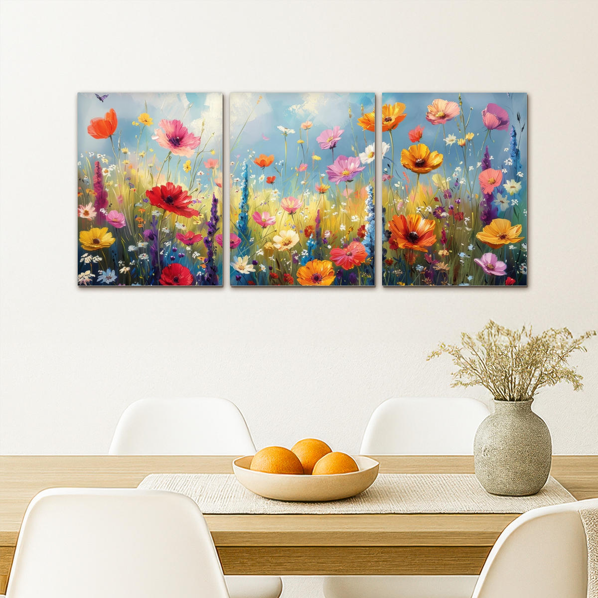 LEINWANDBILD 3er Set Blumen - Frühling - Farbenfroh - Sommerlich 90x40 cm - Orange, Textil (90/40cm) - MuchoWow