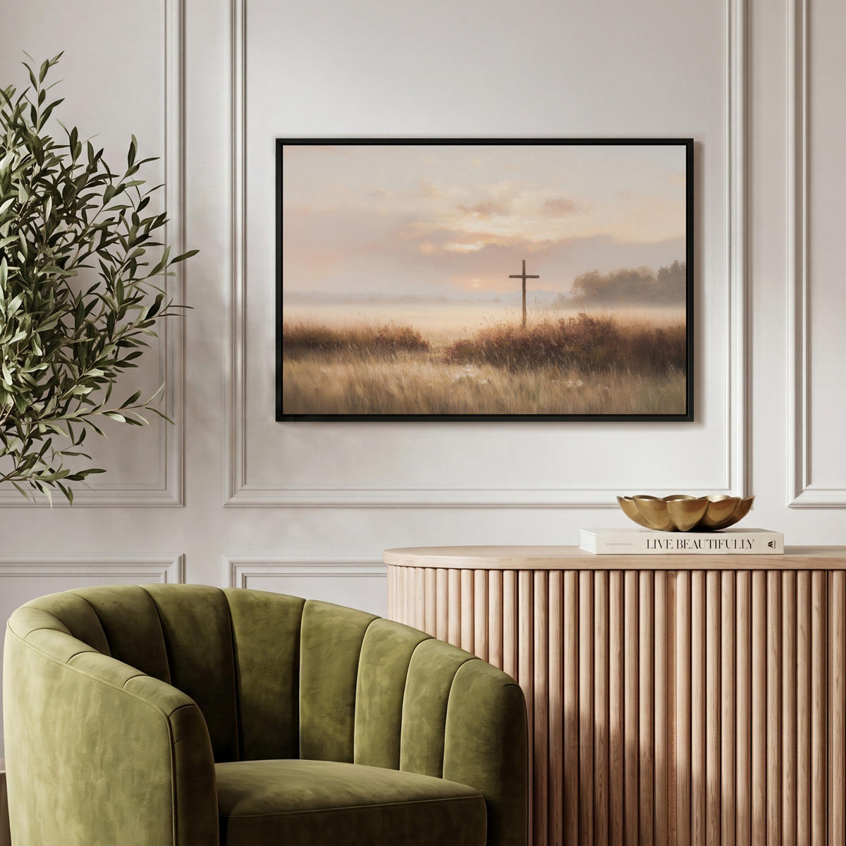 LEINWAND Bilder mit Rahmen - Gras - Morgennebel - Kreuz - Christentum - 60x40 - Beige, Textil (60/40cm) - MuchoWow