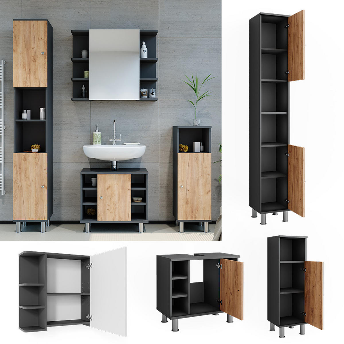 BADMÖBEL-SET Fynn Anthrazit/Goldkraft Eiche 4 Teile - Honigeiche/Anthrazit, Holzwerkstoff (60/54/32cm) - Vicco