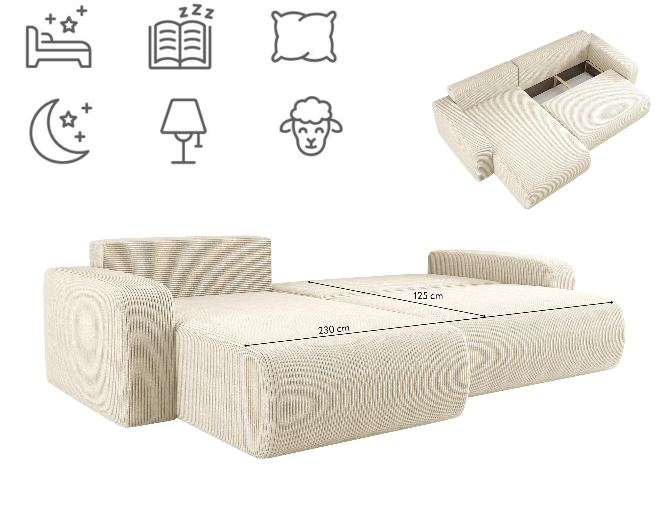 Thumbnail - Kaiser Möbel Schlafsofa, Ecru, Holz, 274x82x145 cm, Wohnzimmer, Sofas & Couches, Schlafsofas