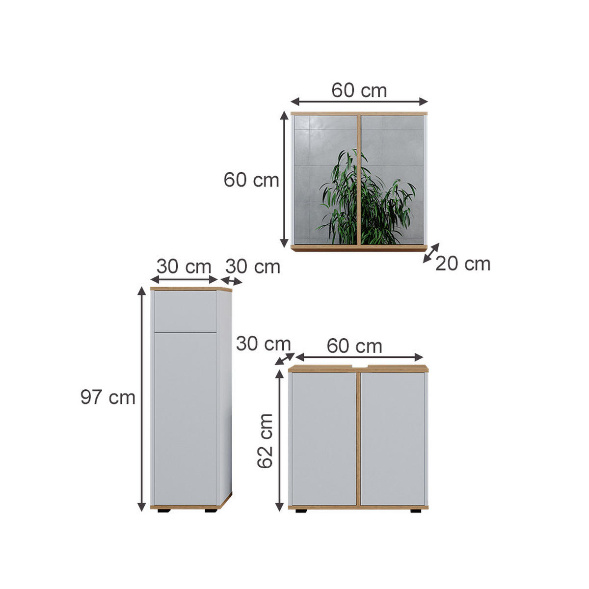 BADMÖBEL-SET Didi Weiß/Artisan 3 Teile Midischrank mit mit Schubladen 60 cm - Weiß/Eiche Artisan, Holzwerkstoff (60/62/30cm) - Vicco