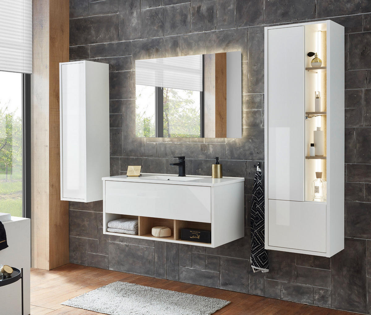 WASCHTISCH weiß Hochglanz und Eiche , Set Waschbeckenunterschrank inklusive Waschbecken, Breite 100 cm - Weiß Hochglanz/Eichefarben, Holzwerkstoff/Metall (100/44/47cm) - Furn.Design