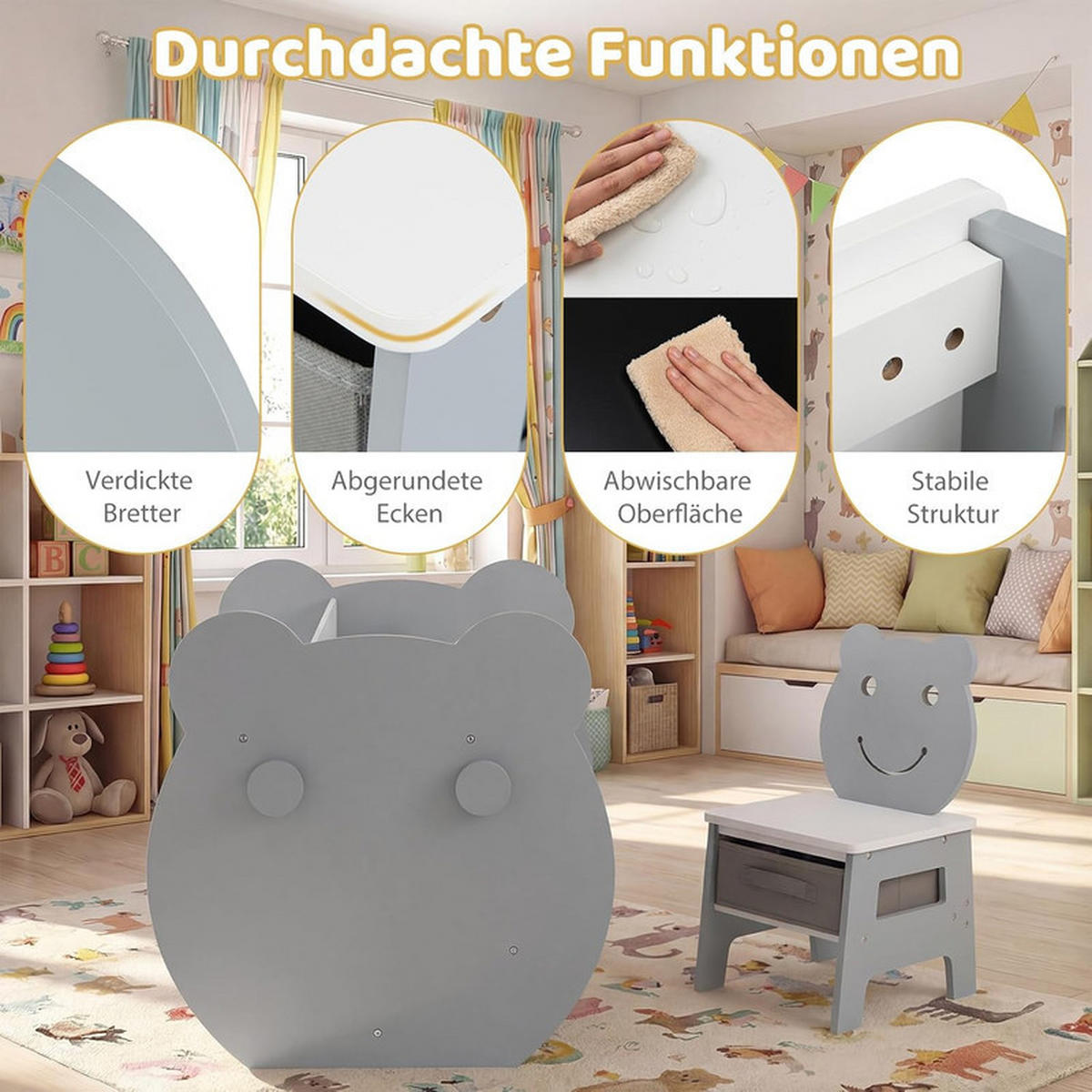 KINDERTISCH mit stuhl grau(2-tlg) - Grau, Holzwerkstoff (59.5/60/60cm) - COSTWAY
