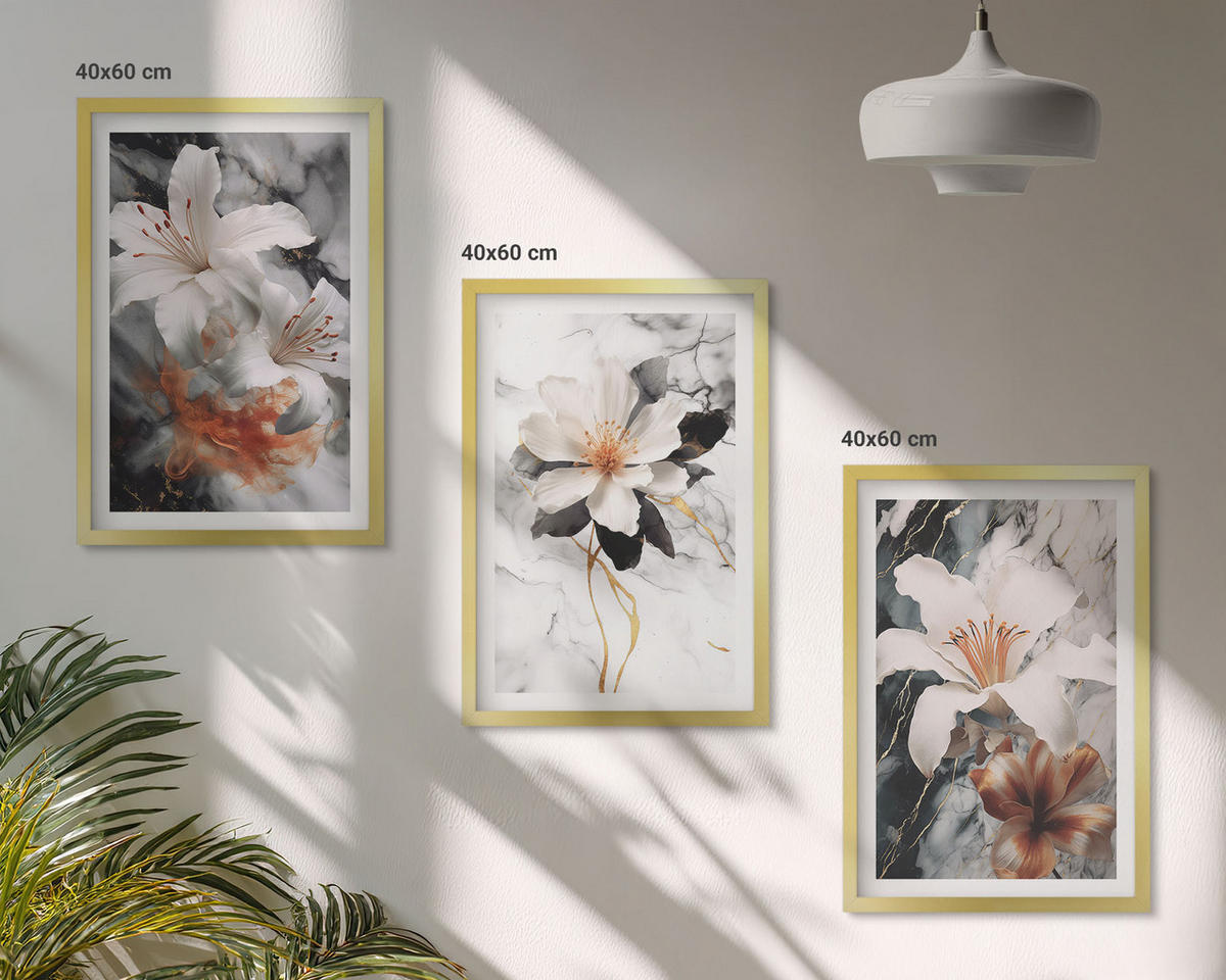 WANDBILDER 3er Set - 40x60 cm Goldrahmen - Blumen Marmor weiß schwarz - Goldfarben, Kunststoff (40/60cm) - ArtPrintCave