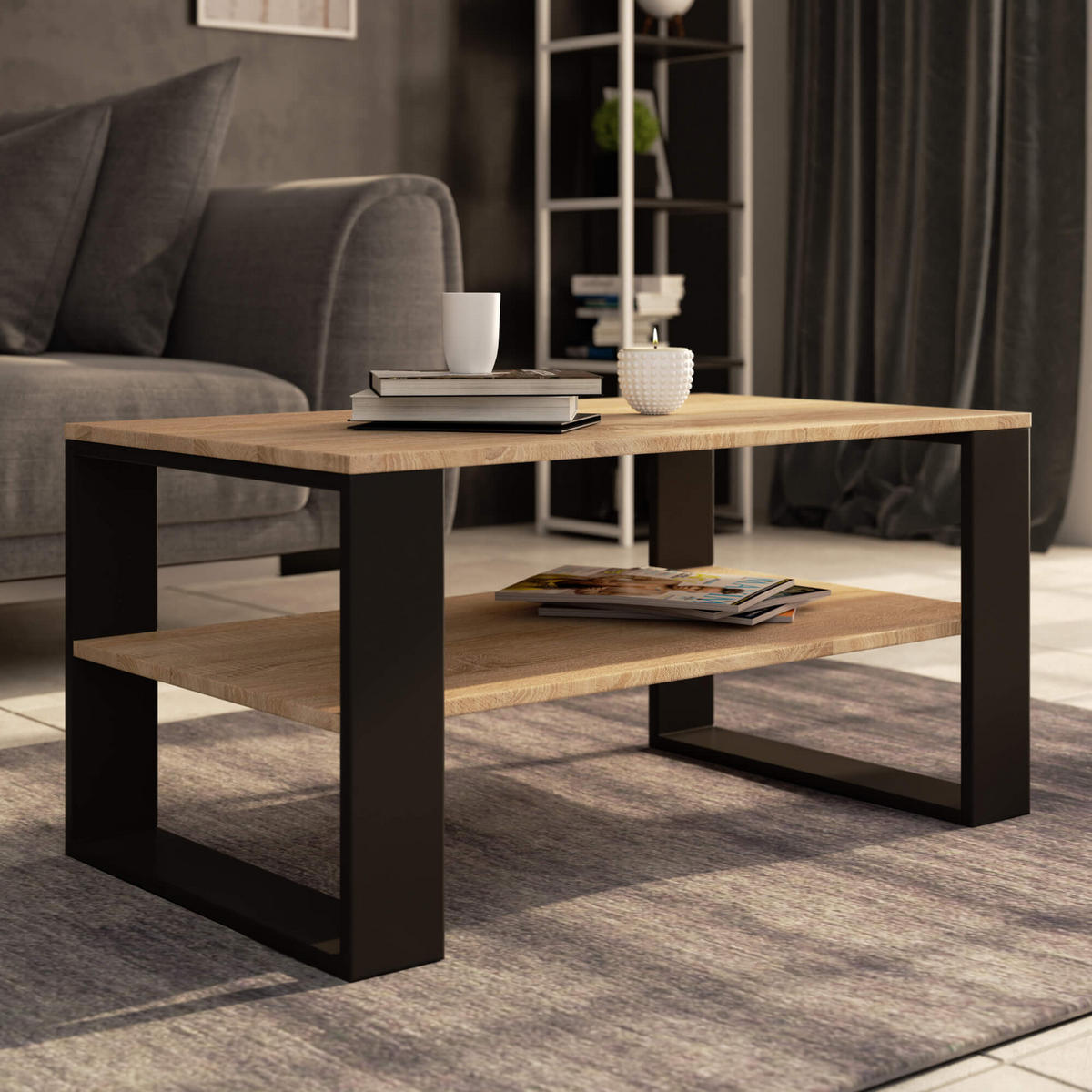 COUCHTISCH ALEX Sonoma Eiche, Schwarz 92x53x45 cm - Schwarz/Sonoma Eiche, Holzwerkstoff (53/92/45cm) - Akord