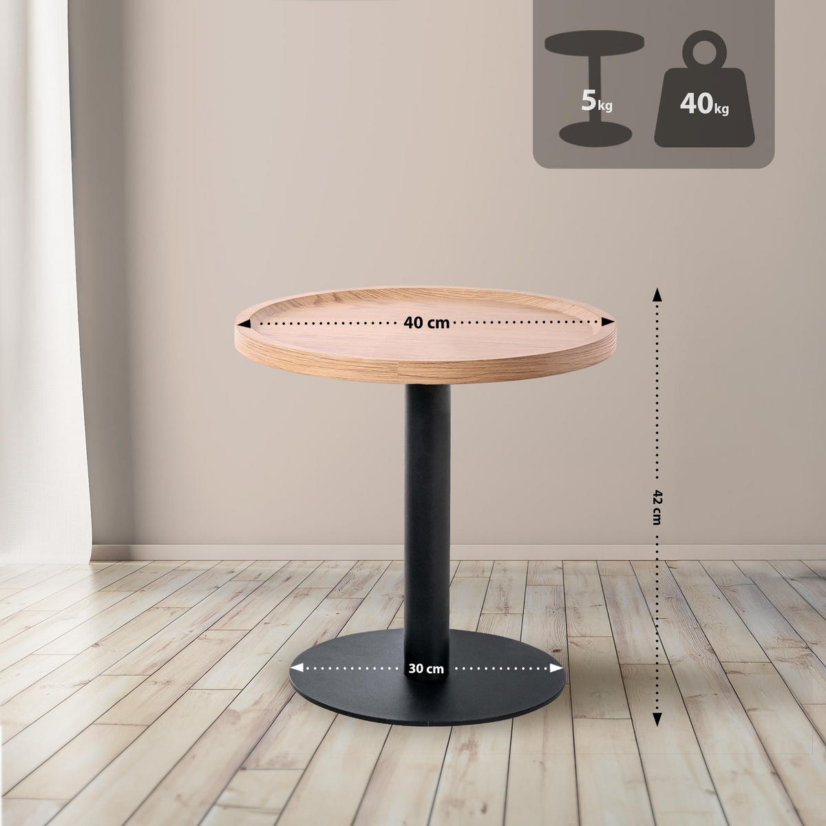 BEISTELLTISCH rund 40 cm Holz Natura - Eukalyptusholzfarben/Schwarz, Holz/Metall (40/40/42cm) - CLP