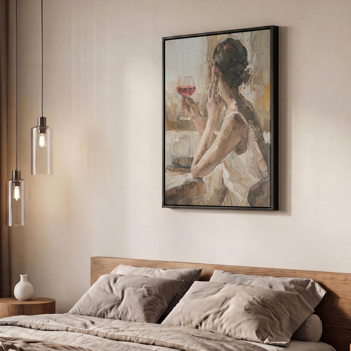 LEINWAND Bilder mit Rahmen - Ölgemälde - Frau - Wein - 50x70 - Hellbraun, Textil (50/70cm) - MuchoWow