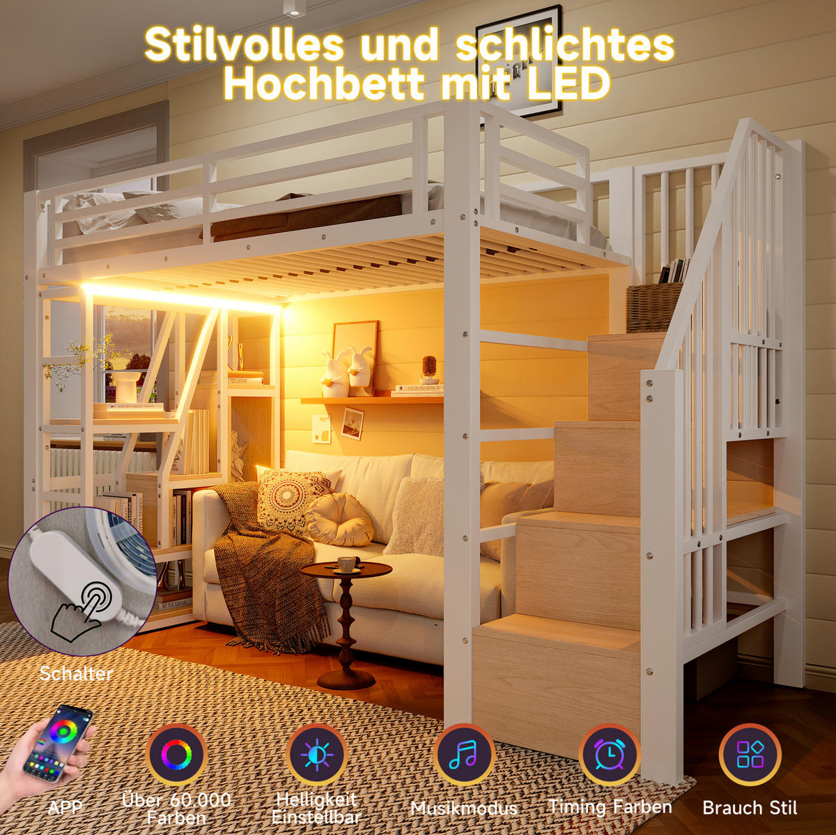 HOCHBETT 90/200 cm in Weiß mit Stauraumtreppe, Rausfallschutz und LED - Weiß, Holzwerkstoff (90/200cm) - BEAOK