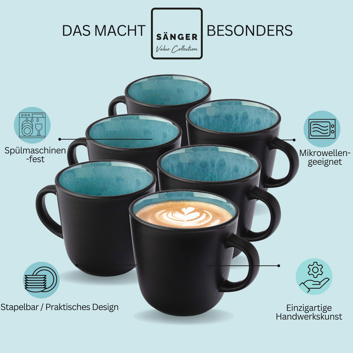 KAFFEEBECHER SET GRANADA - 6 teilig aus Steingut - Blau, Stein (0.43L) - Sänger