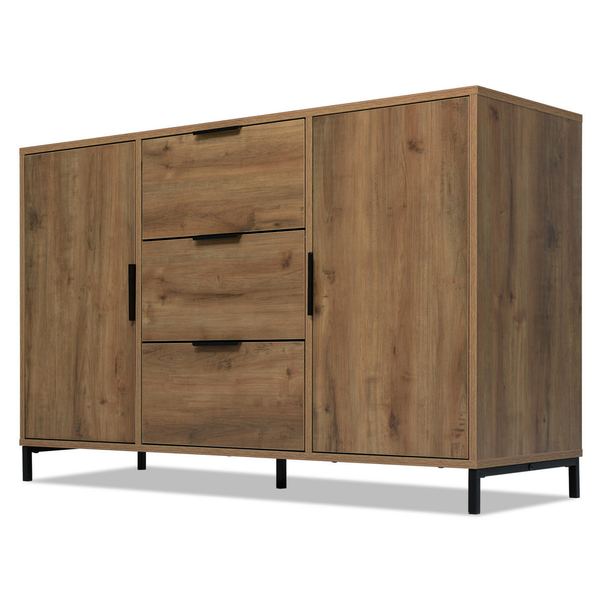 KOMMODE aus Spanplatte 120x40x76 cm Dunkle Eiche mit 2 Türen, 3 Schubladen und höhenverstellbarem Einlegeboden - Nussbaumfarben, Holzwerkstoff (120/76/40cm) - Modfu