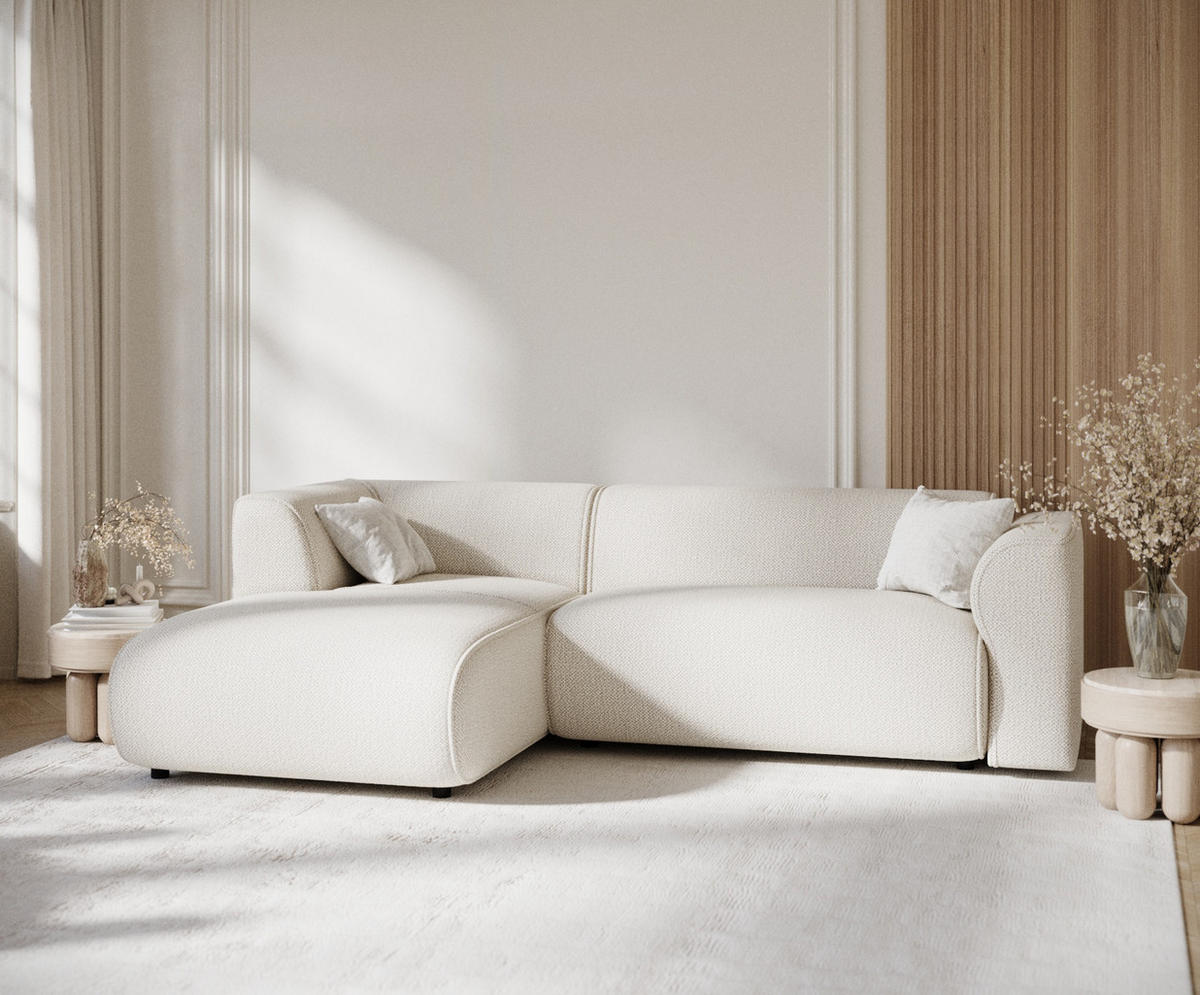 ECKSOFA Melani Creme Chenille-Stoff - Creme/Schwarz, Holz/Holzwerkstoff (253/153cm) - Maison de Reve
