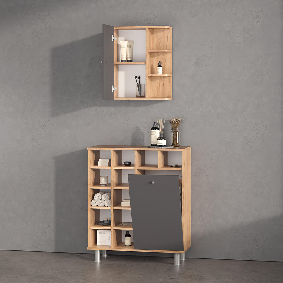 BADSCHRANK Fucino Anthrazit 47.2 x 59.2 cm - Anthrazit/Braun, Holzwerkstoff (47.2/59.2/20.8cm) - Livinity®