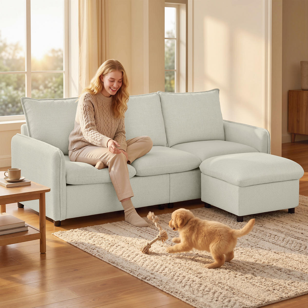 SOFA, 3-Sitzer, Stauraumhocker, Ecksofa, Federkernkissen, Leinen, creme - Multicolor, Holzwerkstoff (212/84/125cm) - FORIOUS