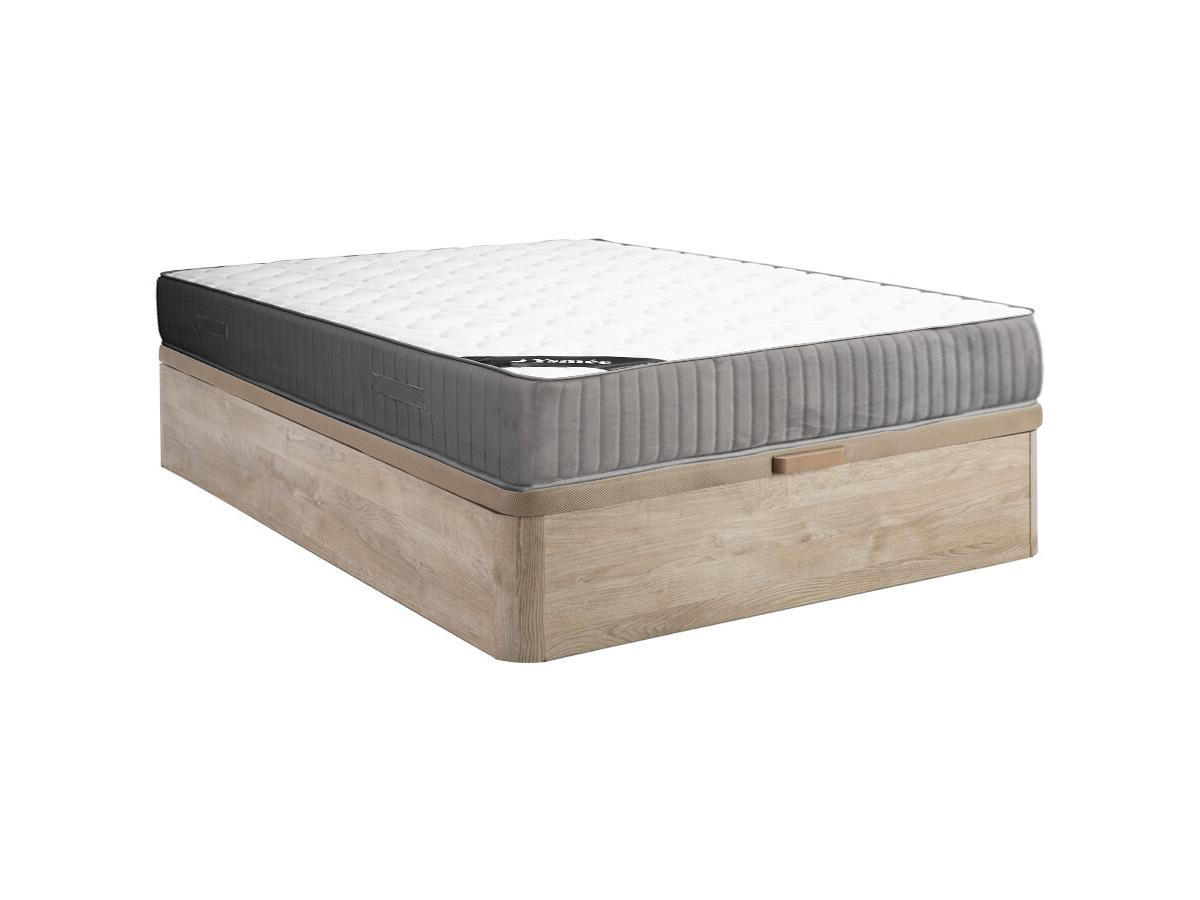 MATRATZE und Bettgestell mit Lattenrost und Bettkasten - 2 Personen - Stoff, Holz, Platte - Naturfarben Hell - - Naturfarben, Holz/Holzwerkstoff (160/200cm) - Vente-Unique