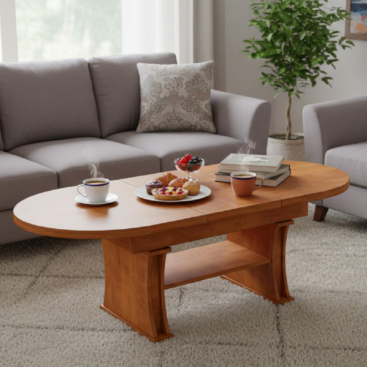 COUCHTISCH oval ausziehbar höhenverstellbar Ablage 130/80/60 cm - Kirschbaumfarben, Holzwerkstoff (80/130/60cm) - designimpex