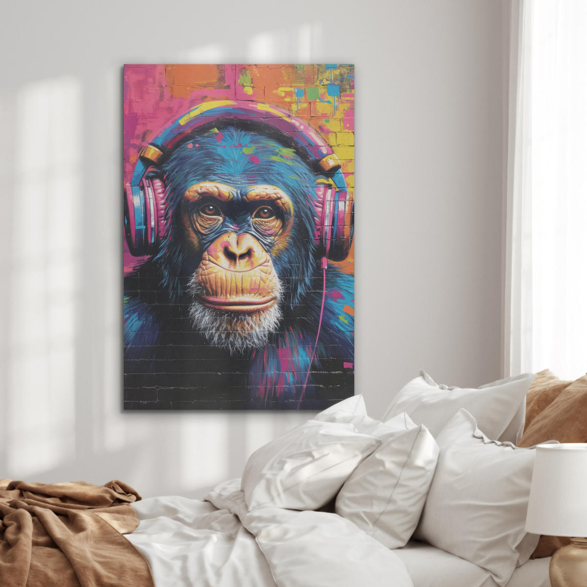 AKUSTIKBILD Graffiti - Schimpanse - Straßenkunst - Kopfhörer - Affe Wanddeko 60x90 cm - Blau, Kunststoff (60/90/0.9cm) - MuchoWow