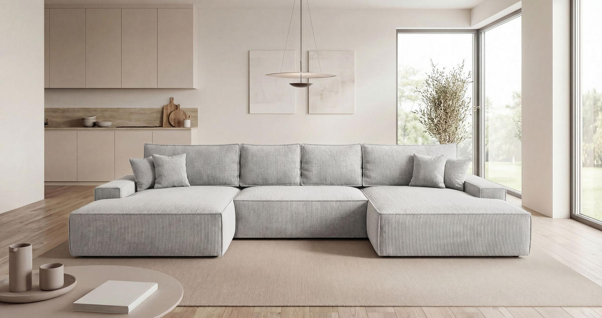 SEDACÍ souprava VERONA tvar U šedá manšestr Poso 55 - funkce spaní, úložný prostor - šedá, textil (385/86/185cm) - Cornero
