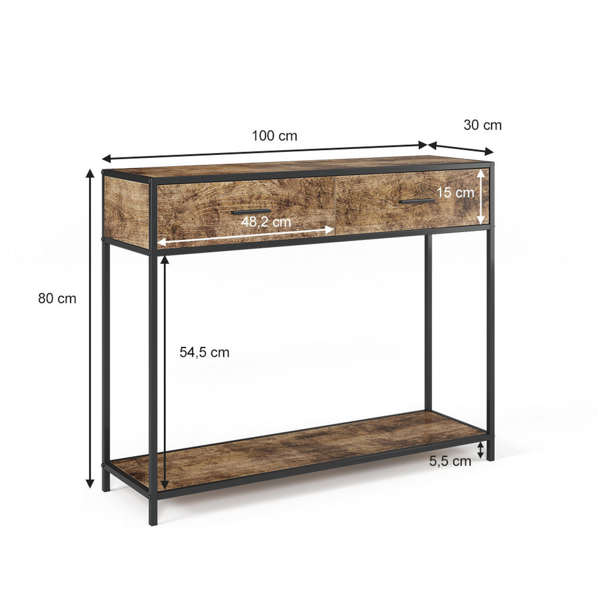 KONSOLENTISCH Fyrk Antikholz 100 x 80 cm mit Schubladen - Alteiche/Schwarz, Holzwerkstoff (30/100/80cm) - Vicco