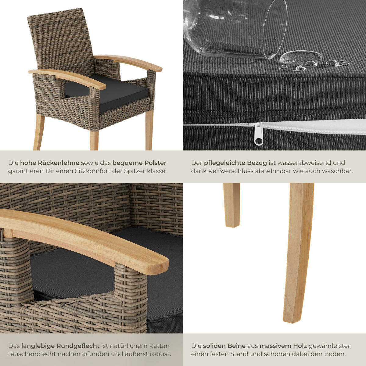 RATTAN STUHL Rosarno,inklusive Sitzpolster, 62,5 x 71,5 x 94 cm,natur - Naturfarben, Kunststoff (62.5/94/71.5cm) - tectake