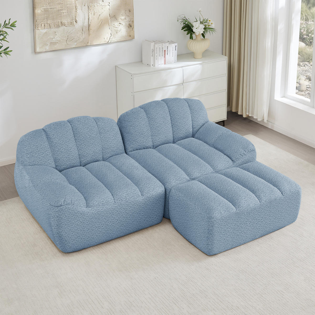 ECKSOFA Granulierter Fleece Blau mit Ottomane - Blau, Textil (210/165cm) - WISHDOR