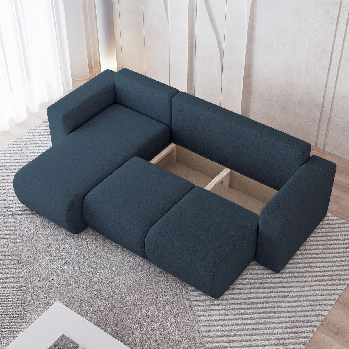 ECKSOFA RINOVA Blau Geflochtener Stoff mit Schlaffunktion - Blau, Holz (250/143cm) - MASSENO
