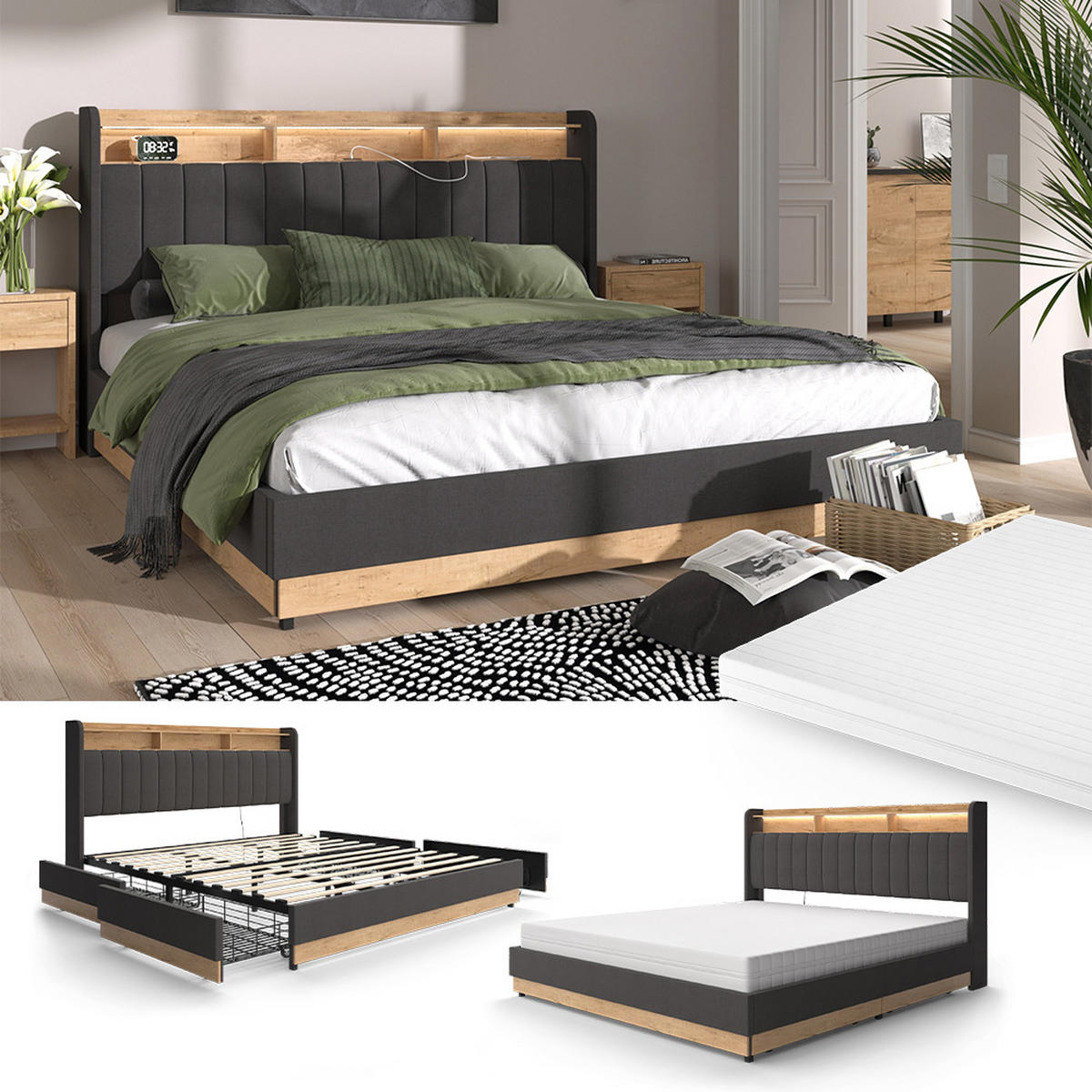 ČALOUNĚNÁ POSTEL Nura Antracit - antracitová/barva dubu, kompozitní dřevo - VitaliSpa