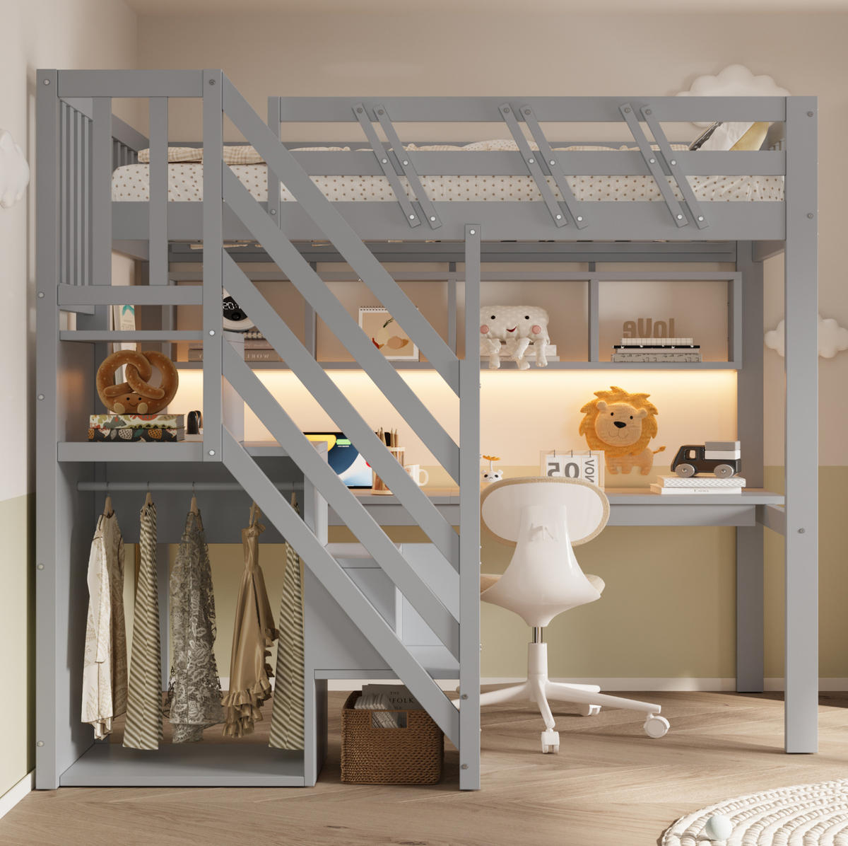 HOCHBETT aus Holz 90x200 cm Grau mit Stauraumtreppe, Schreibtisch, LED-Beleuchtung und Steckdosen - Grau, Holz (90/200cm) - IVMEU