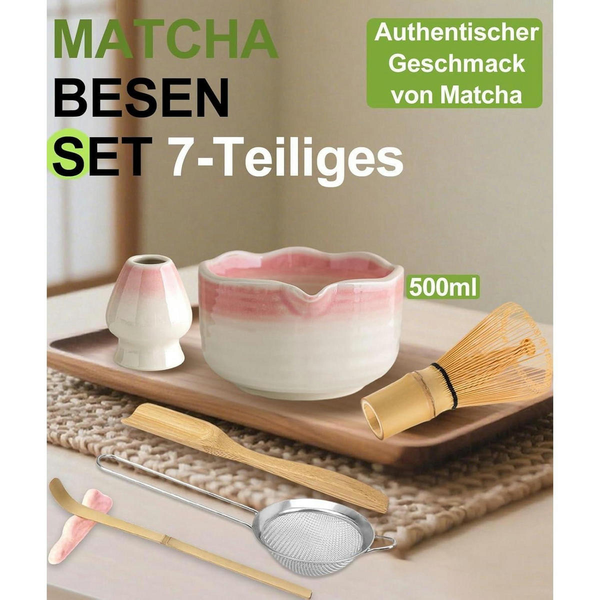 MATCHA Set 7-teilig mit Schale, Besen und Sieb Farbverlauf Rosa - Rosa, Keramik (15/10/15cm)