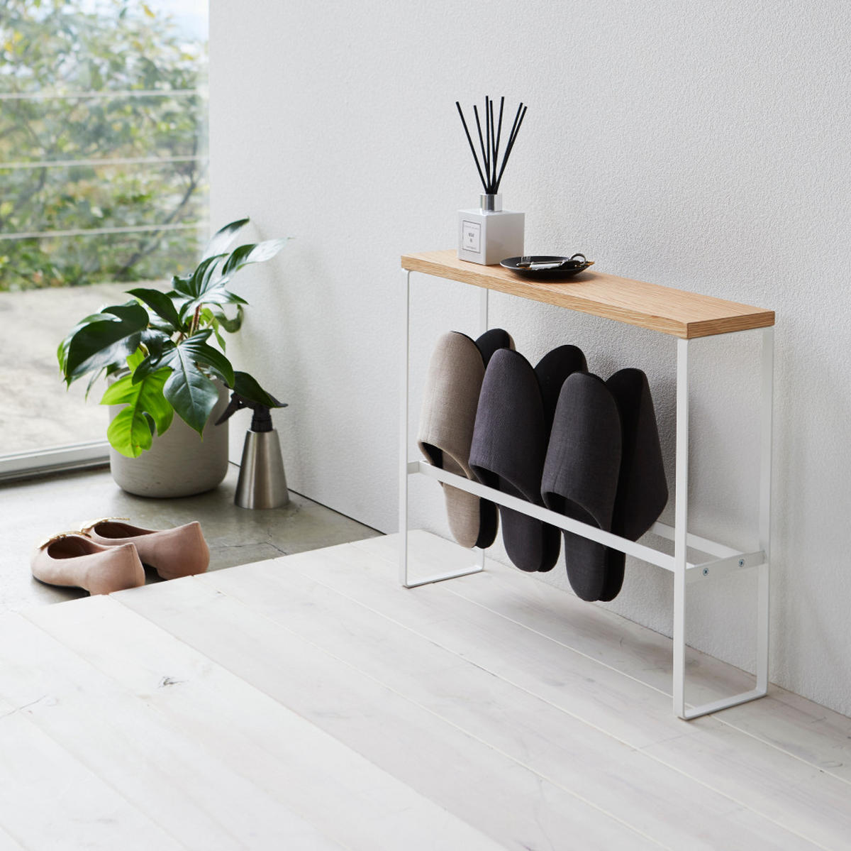 SCHUHSTÄNDER Tower 5152 Weiß Metall mit Holzablage, 41 x 50 x 12 cm - Weiß, Metall (50/41/12cm) - Yamazaki